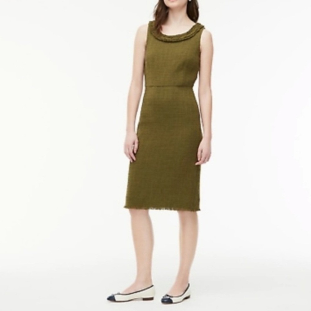 J Crew Sheath Dress Textured Fringe Tweed Sleeveless Knee Length Olive Green 8T